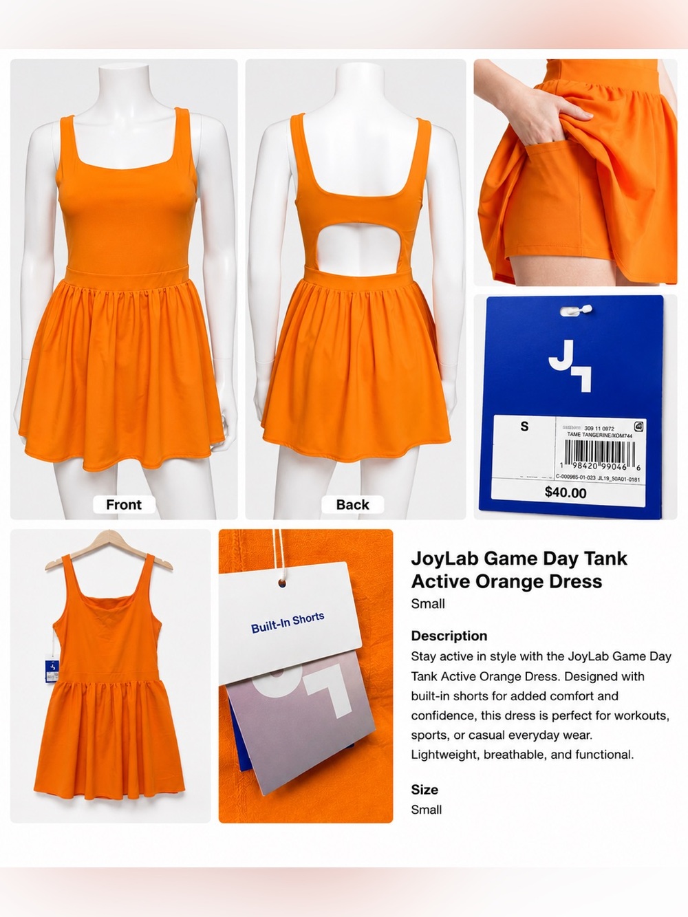 JoyLab Orange Scoop-Back Active Skater Dress
